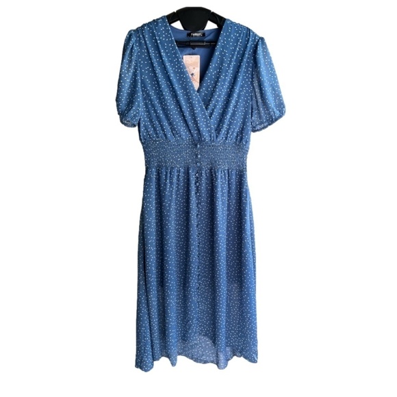 Fashion Blue V Neck Midi Sheer Lined Dress Elastic Waist Boho Chic, Size S - Picture 9 of 11